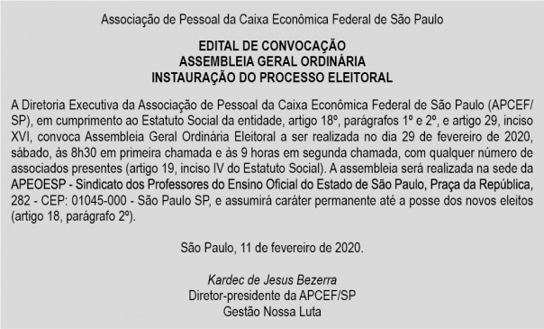 Dia 29 tem assembleia para início de processo eleitoral