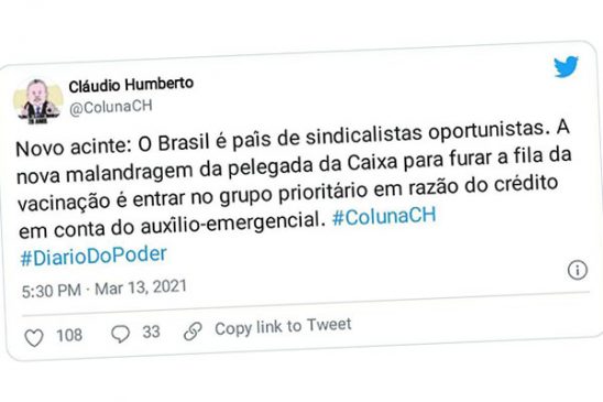 Apcef/SP repudia publicação do colunista Cláudio Humberto sobre vacinação